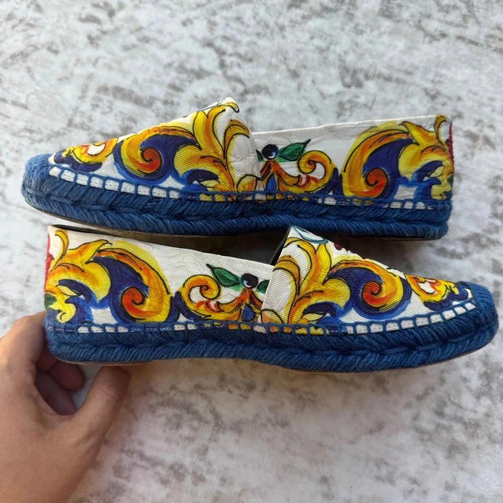 Dolce & Gabbana Majolica Print Espadrilles Blue Jute Flats Size 36 US Size 6
